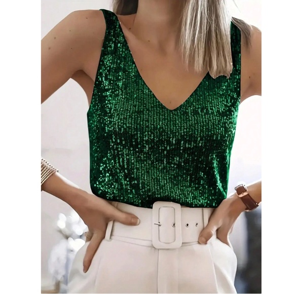 Rouge! Tops - All Over Sequin Green V-Neck Cami Top